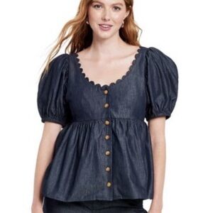 Kika Vargas Navy Puff Sleeve Blouse